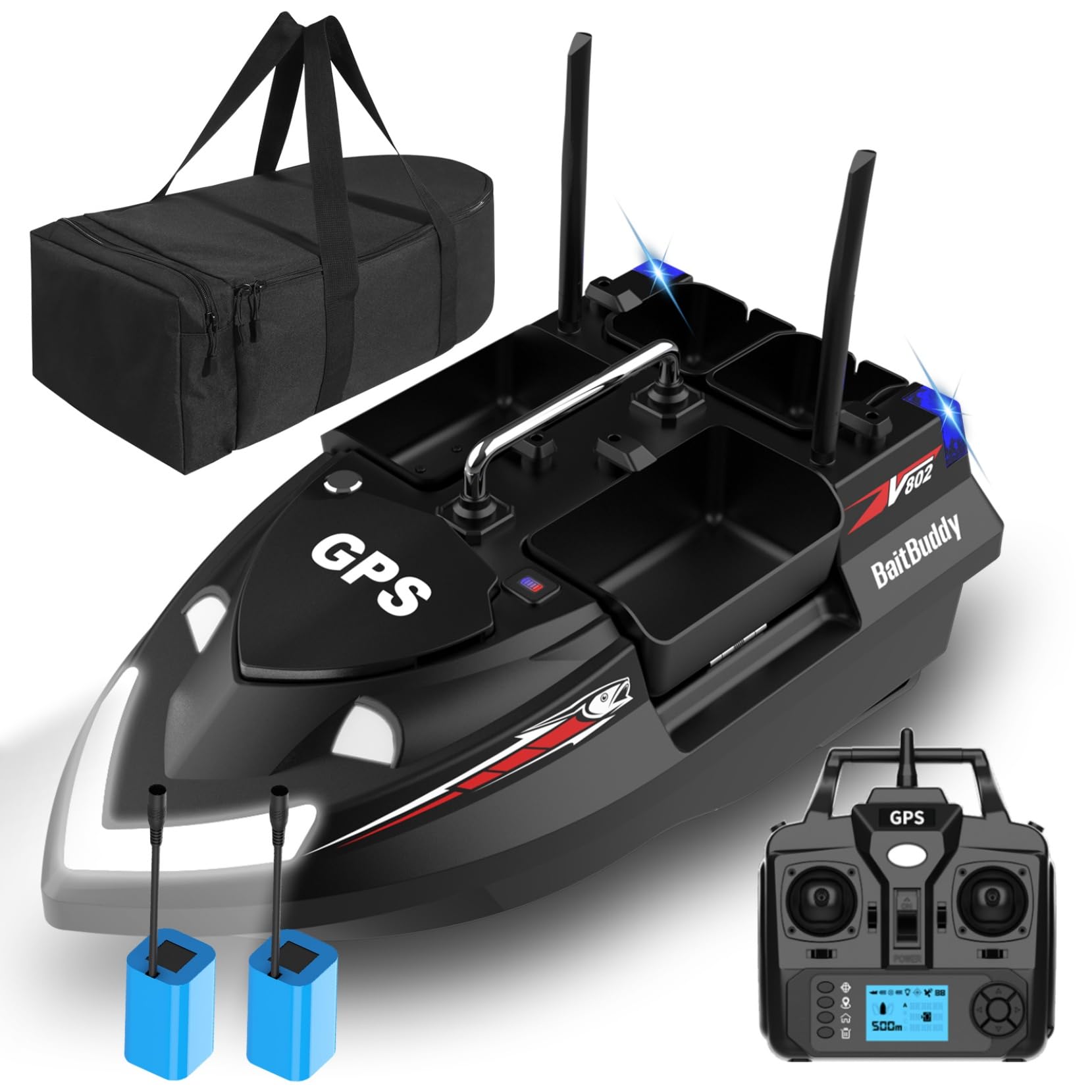 DYJD Dual Antenna GPS Carp Fishing Bait Boat 500M Long Range, 3KG Load, 4 Independent Hoppers, Remote Controlled Fishing Feeder Boat with Carry Storage Bag (2x5200mah)