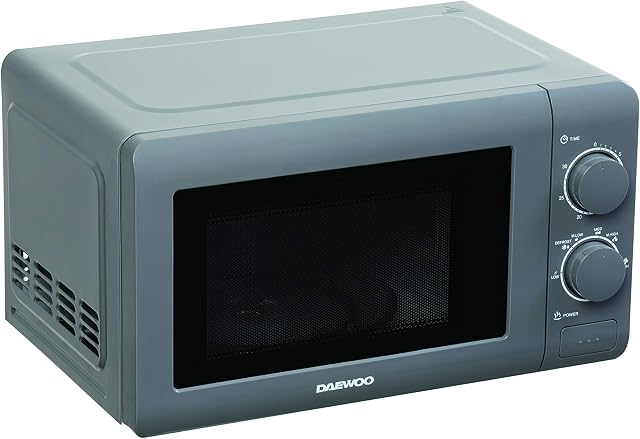 Daewoo 20L Manual Microwave wit 5 Power Settings and 30 Minute Timer, Cooking End Signal and Defrost Function, Cool Grey Housing with Push Button Door and White Interior, 220-240v, 50hz 800w- Grey