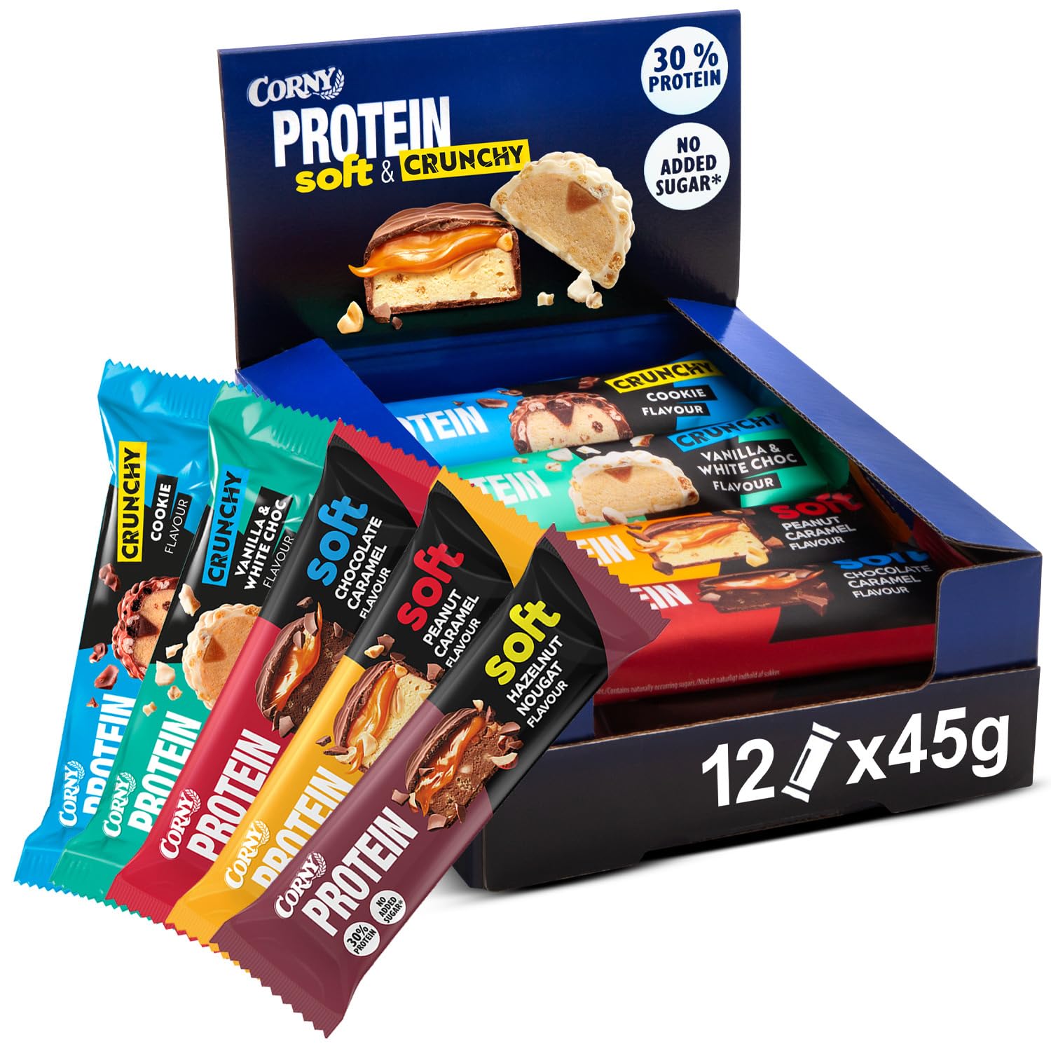 Corny | Protein Soft & Crunchy 12er Mix Pack | 30% Eiweiß | Probier Mischkarton Proteinriegel 12x45g Mixbox