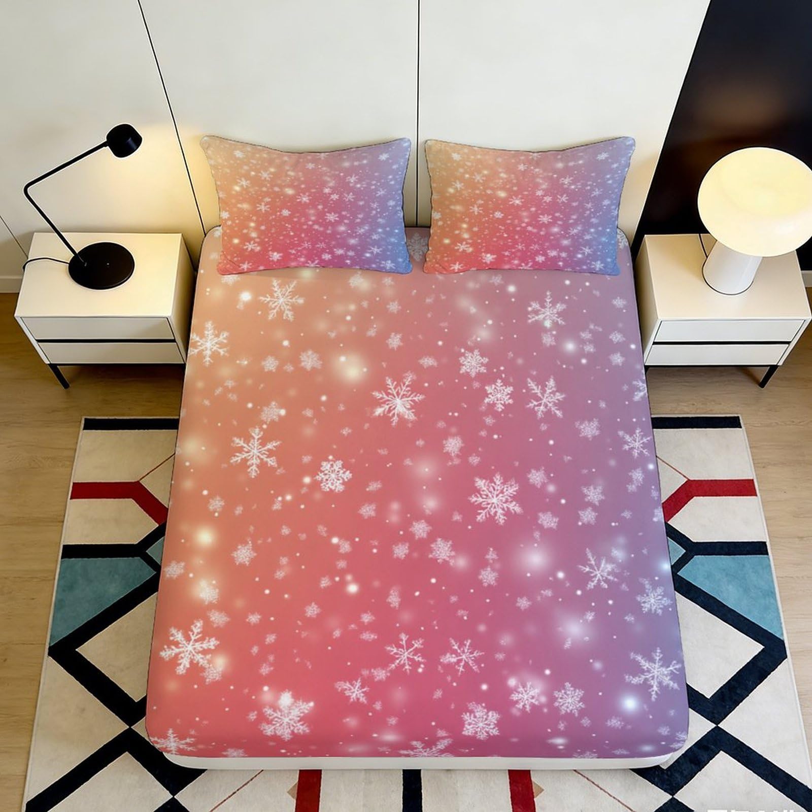 3D Printed Snowflake Gradient Fitted Sheet Microfiber Soft Anti-Slip Bed Cover for Adults Teens Bedroom Dorm Decor 90x200x25cm