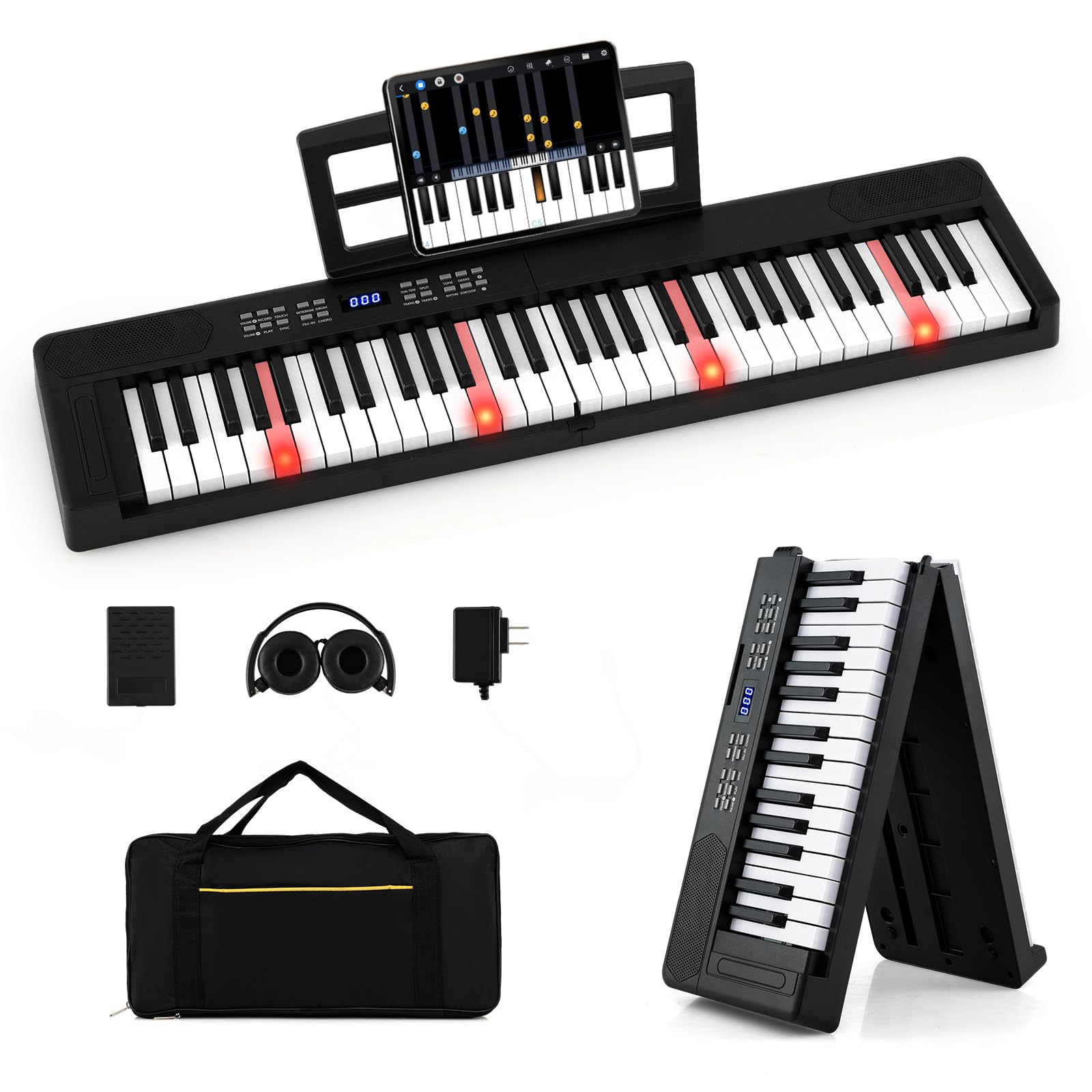 COSTWAY Teclado de Piano Plegable de 61 Teclas, 128 Tonos y 128 Ritmos, Piano Electrónico con Auriculares, Pedal de Sustain, Teclado Digital Portátil con Bolsa Transporte para Principiantes (Negro)