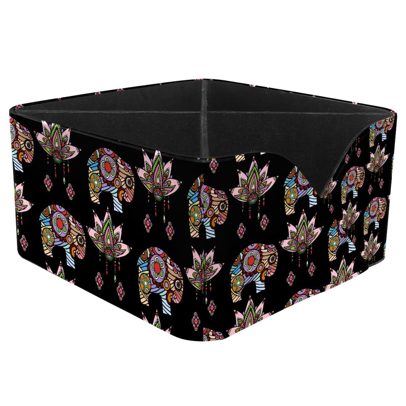 KengjuTesu Vintage Lotus Ethnic Elephant Desktop Organizer Pen Holder, Rectangular Pencil Cup for Office, Study and Makeup Stations