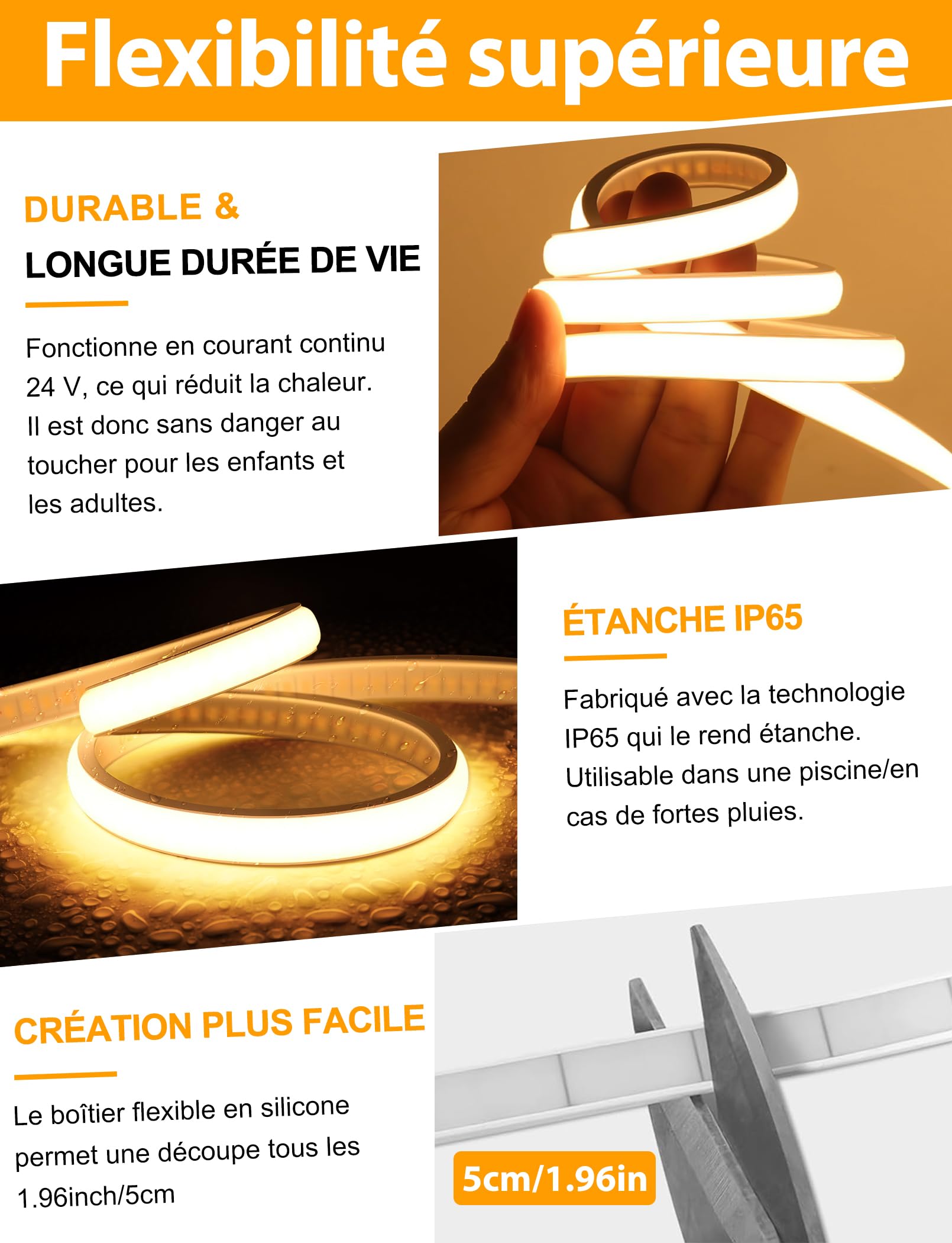 Lamomo Ruban LED COB, Blanc chaud 3M Bandeau Led avec télécommande, 3000K, Largeur 10mm, Dimmable, Silicone, Découpable, IP65 étanche, Flexible, 24V Néon Strip pour Décoration maison, Cuisine, Chambre