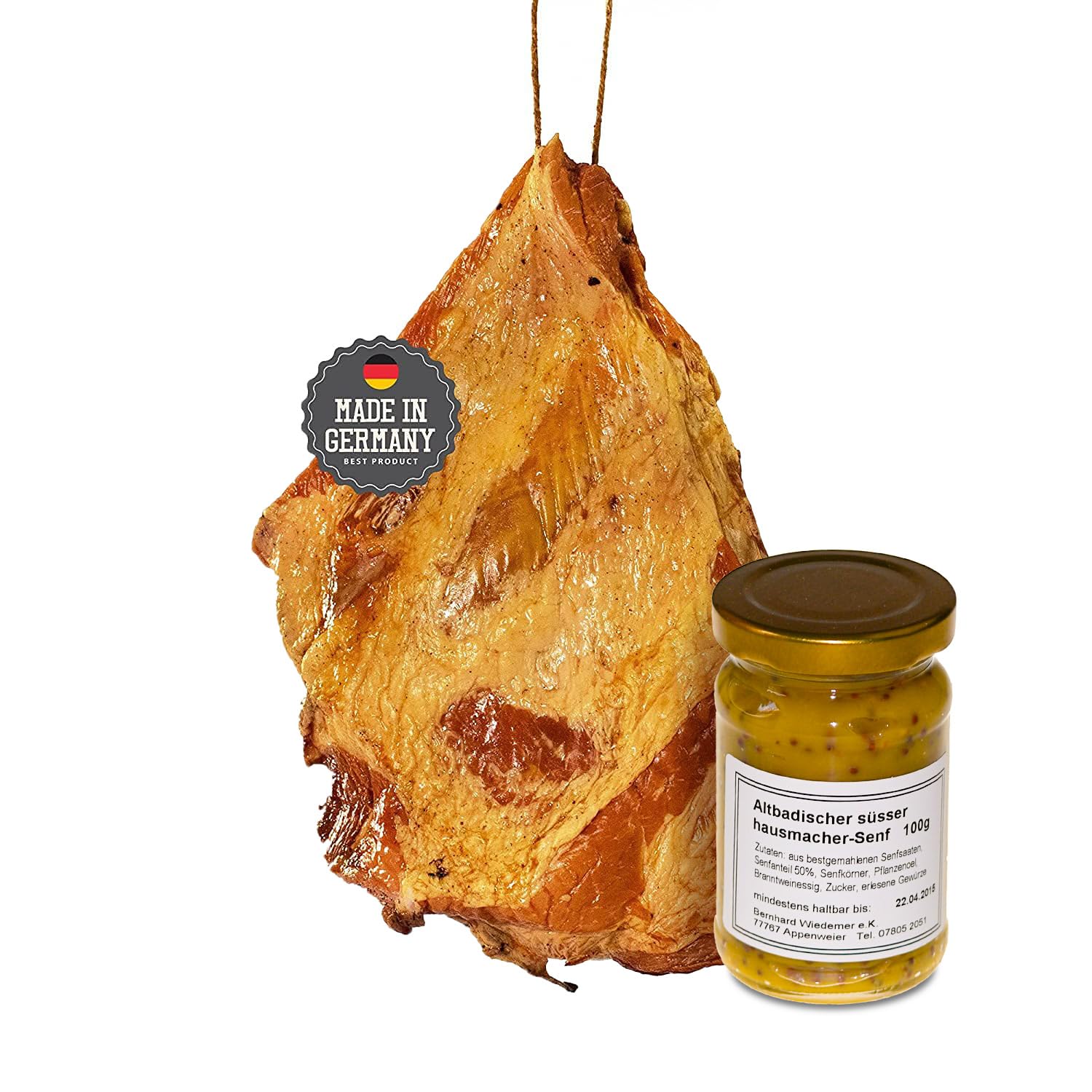 Schäufele-Paket - Set 4 x 1200g Schäufle + Altbadischer Senf - goldgelb geräuchert - herzhaft rauchiges Aroma - Kassler Spezialität aus Baden für Backofen