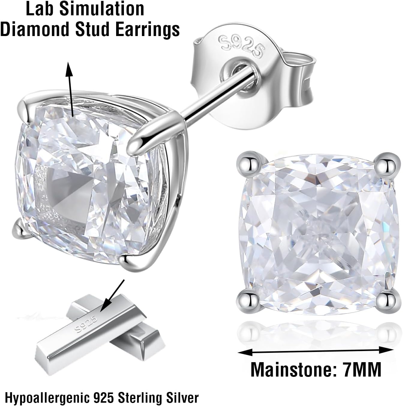 925 Sterling Silver Lab Simulation-Diamond Stud Earrings for Women, Round/Cushion/Princess Cut 5A Cubic Zirconia Stud Earrings Hypoallergenic Jewelry Gifts for Birthday Christmas Wedding - Image 5