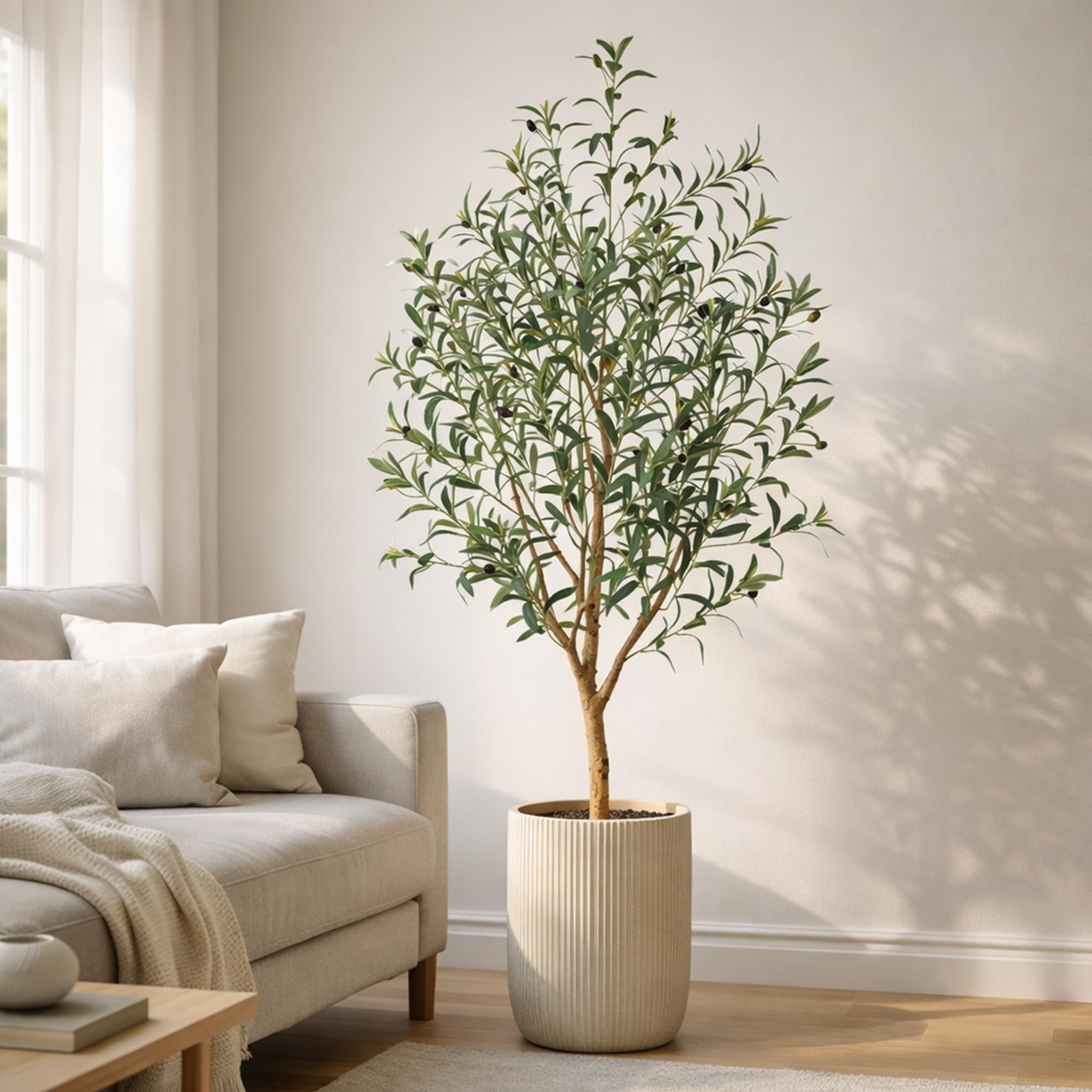 6FT Artificial Olive Tree, 180cm Tall Faux Olive Plant with Lifelike Fruits, Natural Wood Trunk, Adjustable Branches, Maintenance-Free Fake Tree in pot for Living Room, Home Office Indoor Decor