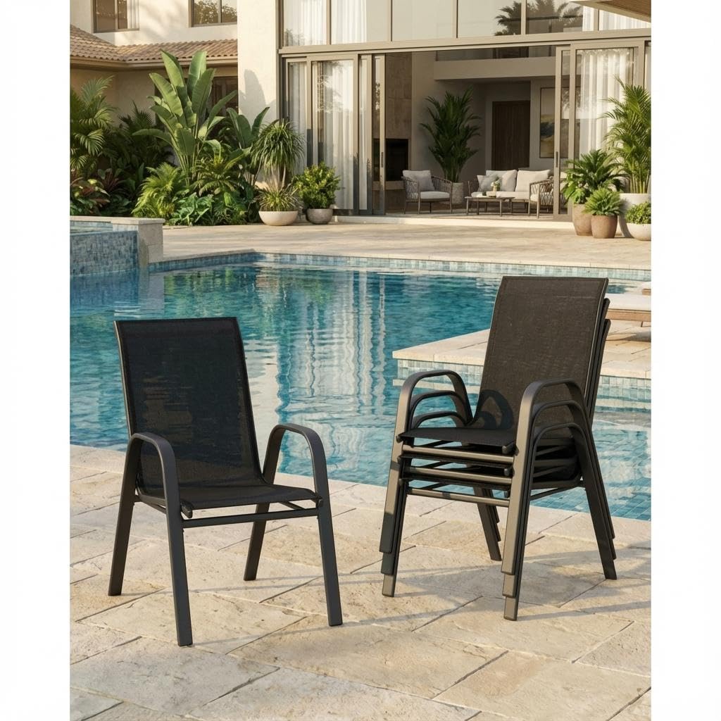 Lot de 4 chaises de Patio empilables avec accoudoirs - Noir