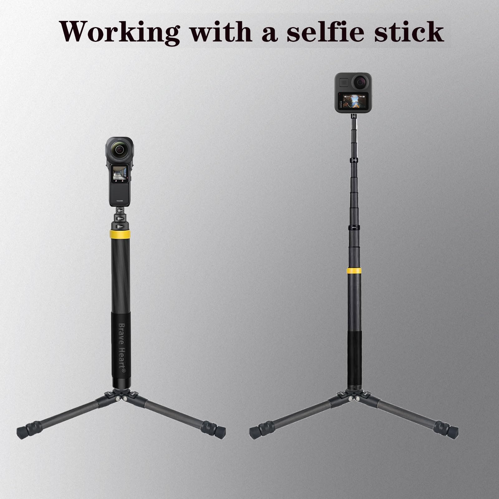 Mini treppiede da viaggio da tavolo in fibra di carbonio con 3 modelli | per insta360 insta 360 x5 x4 x3 per DJI Action 6 5 4 3 2 fotocamera, giunto cardanico, microfono, luce LED (nero)