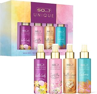 So...? Unique Body Mist Set for Women - 4 Vegan Cruelty-Free Travel Size Sprays: Vanilla Candy, Sweet Pea, Truffle Cream, Cashmere