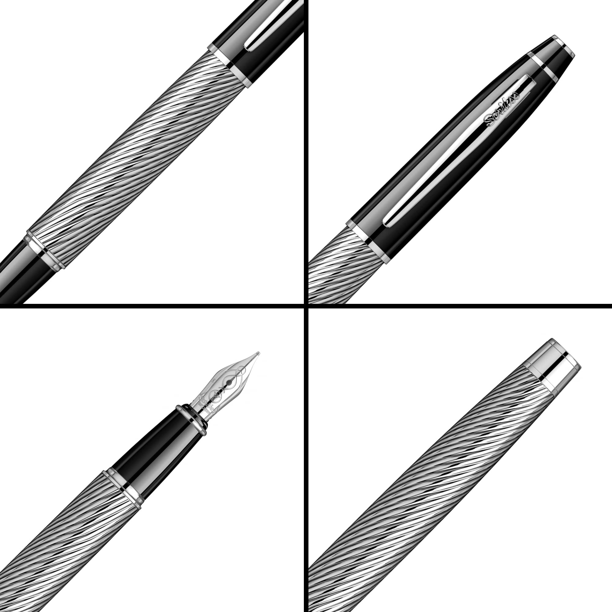 Scrikss Pluma estilográfica de punta media y convertidor de tinta negra, cuerpo de latón cromado, bordes cromados, serie 35C, moderno y elegante, ideal para regalar en la oficina y el hogar