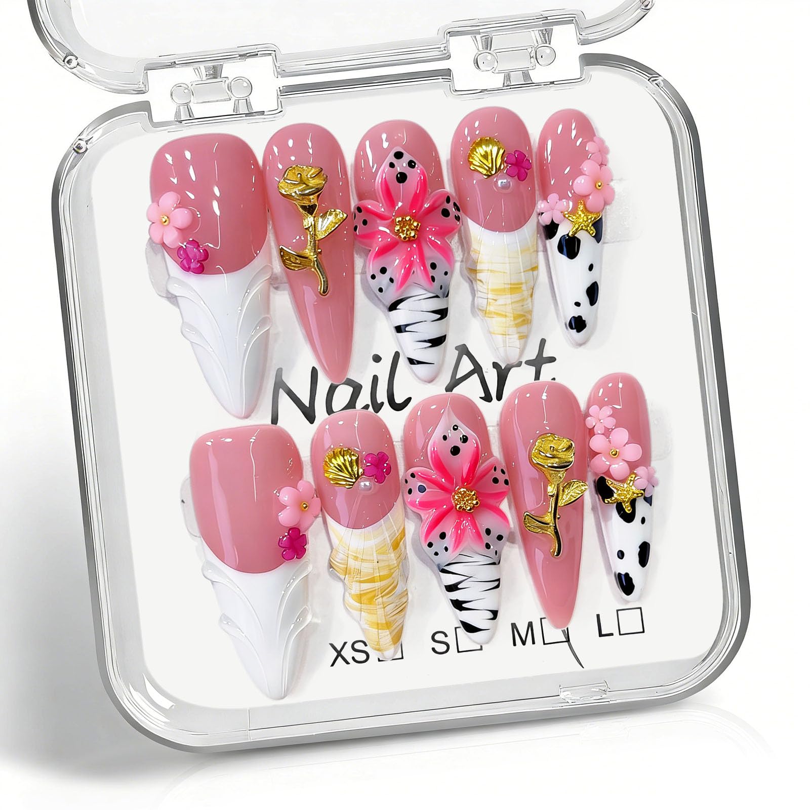 Photo 1 of 10 Pcs Handmade Press on Nails Long Stilettos Fake Nails with White French Tip Leopard Print Design 3D Flowers False Nails Pink Acrylic Stiletto Press Ons Nails for Women Wedding Nail Art - M Size