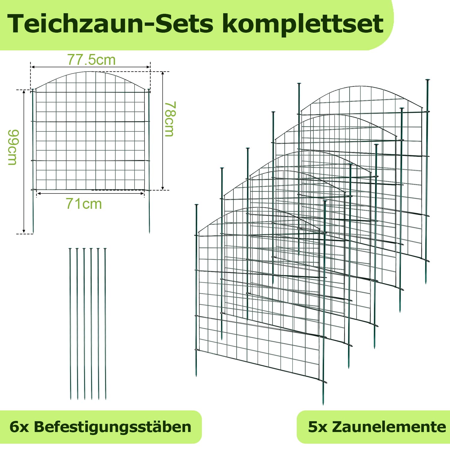 Recinzione da giardino, set da 22 pezzi, recinzione per stagno, recinzione, recinzione in metallo, 10 elementi di recinzione, 12 barre di fissaggio (arco superiore)