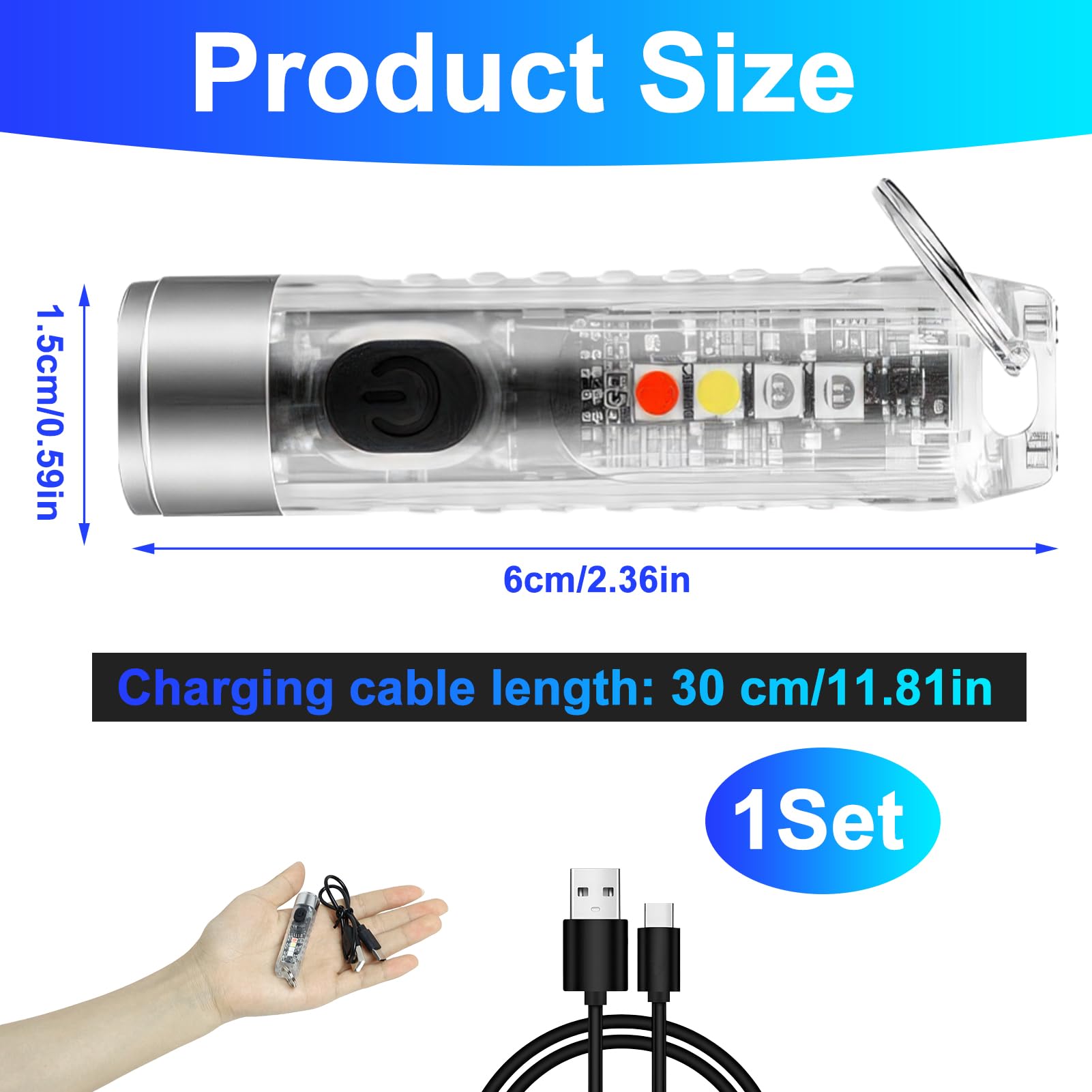tinshow Mini Powerful Torch LED Super Bright 400LM USB-C LED Rechargeable Pocket Keychain Torch with UV Red Blue Light IP65 Waterproof 6 Modes Keyring Flashlight with Magnet for Night Camping - Image 2