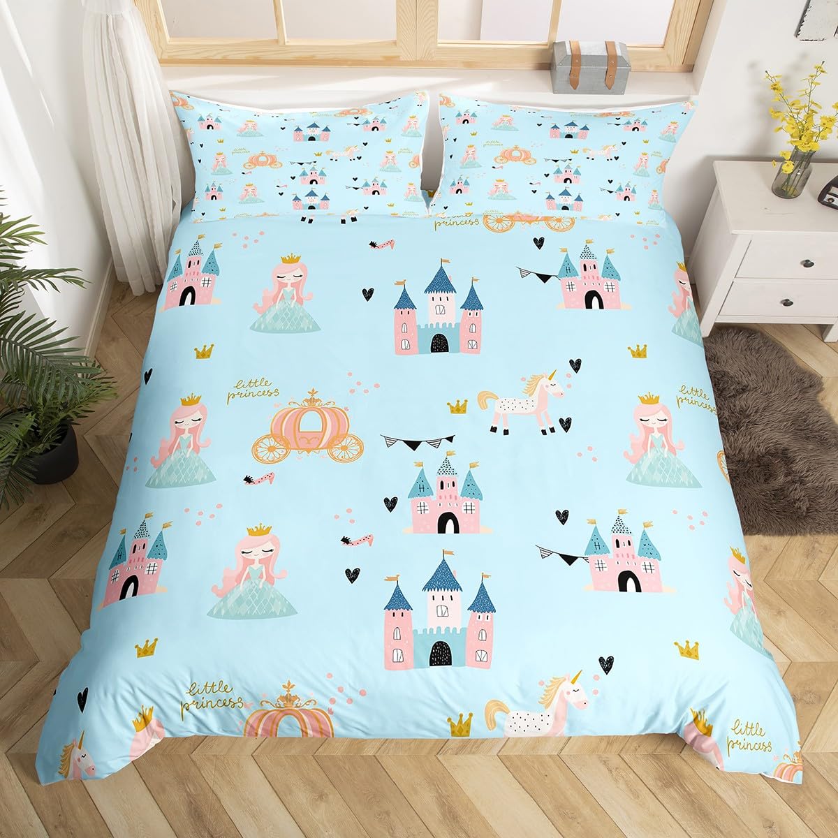 Loussiesd Girls' Princess Duvet Cover King's Fairy Tale Castle Printed Bedding Pink Dreamy Unicorn Bedding Children's Cute Women 3-Piece Set Bedding Soft Microfiber — image 1