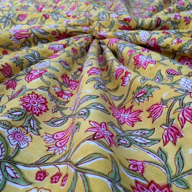 Pre-Cut Premium Hand Block Cotton Quilting Fabric By Yards- 100% Cotton-Ideal for Quilting, Sewing, Crafts, Dressmaking, Curtains, Home Decor-Mustard Yellow-4 Yards- (BPF-115-4)