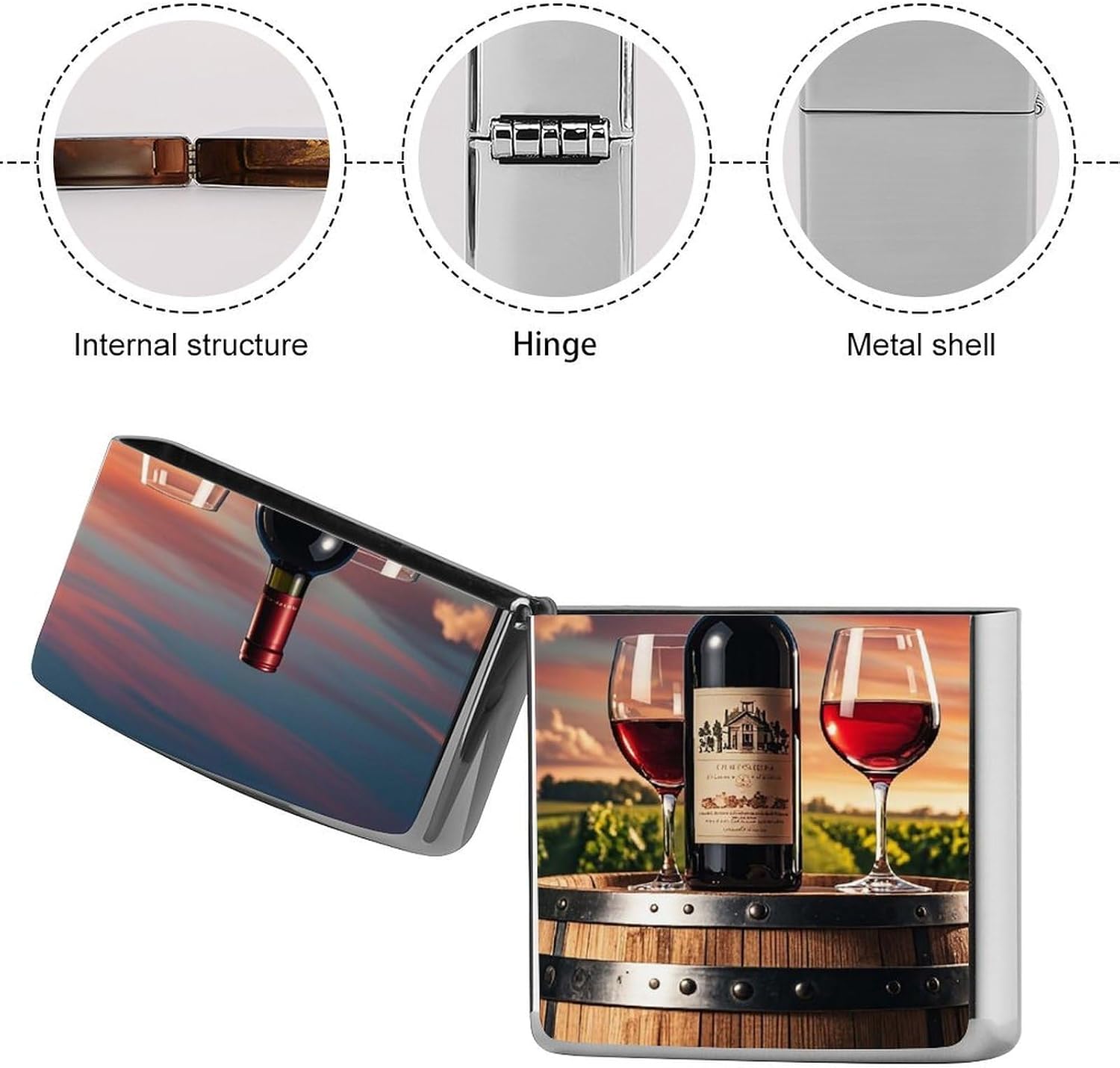 Metal Lighter Case Protective Cover, Wooden Wine Barrel image 5