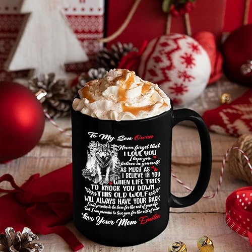 Miniatura 4 de Taza de café personalizada con texto en inglés To My Son Never Forget That I Love You To Knock You To Knock You Down This Old Wolf Will Have Your
