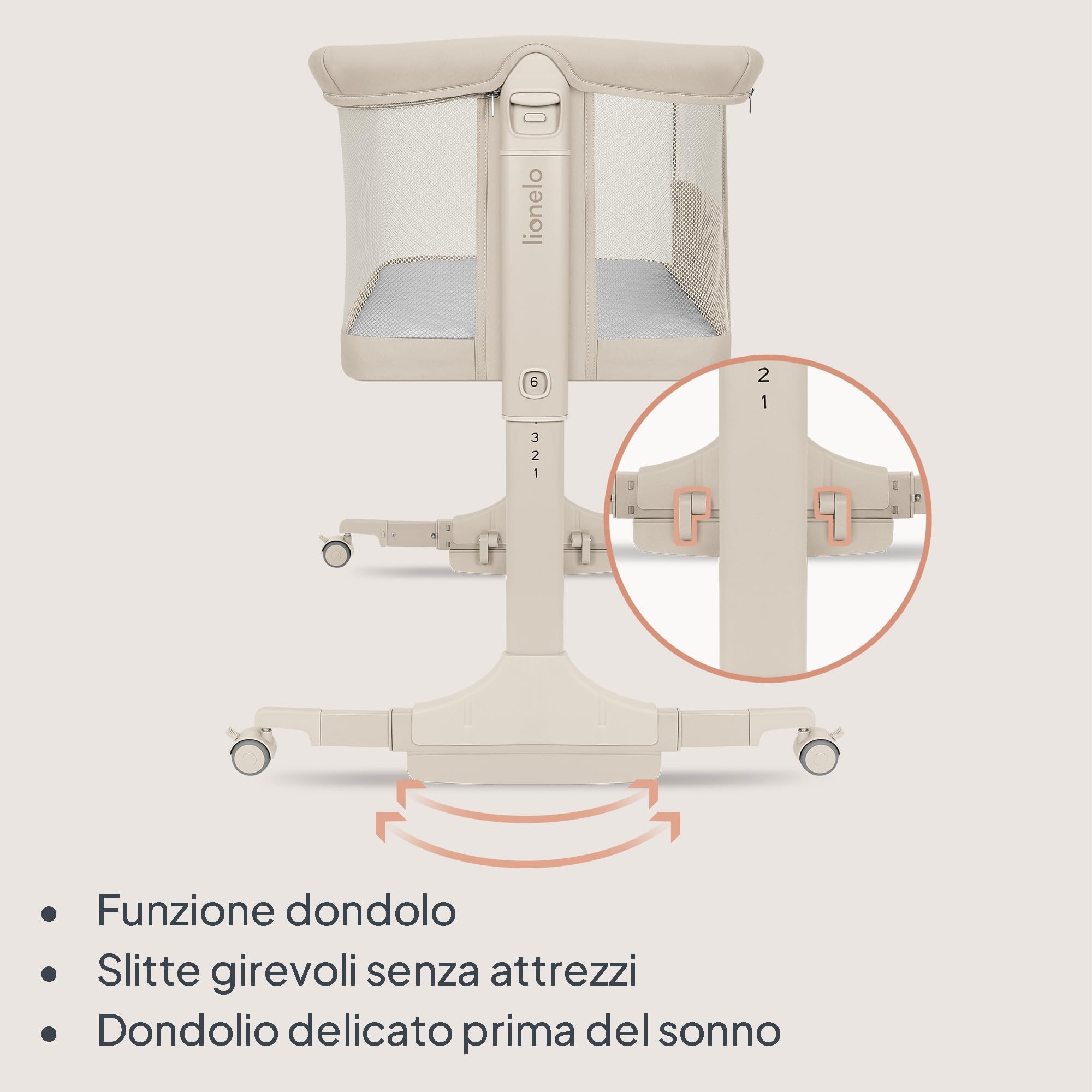 lionelo PARI Culla Co Sleeping Fianco Letto 3 in 1, Regolabile in Altezza 6 Livelli, Materasso T25 2 cm, Ruote con Blocco e Dondolo, Gambe Regolabili per Letto Continentale, Rivestimento Lavabile