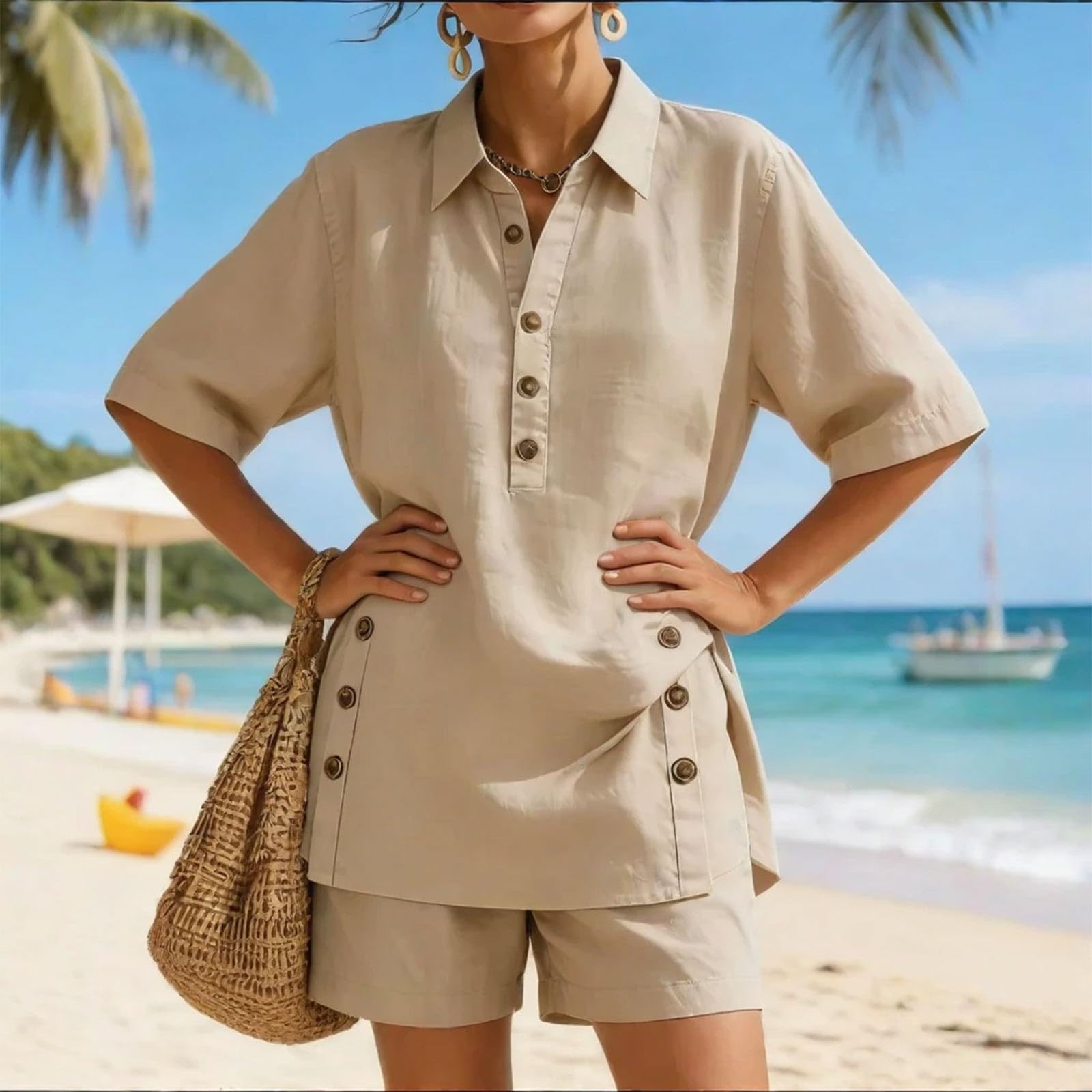 Ensemble Short Femme ete Chic - Vetement Femme éTé Ensemble Deux PièCes DéContracté D'éTé Chemise à Manches Courtes et Short Ample Confortable à Porter