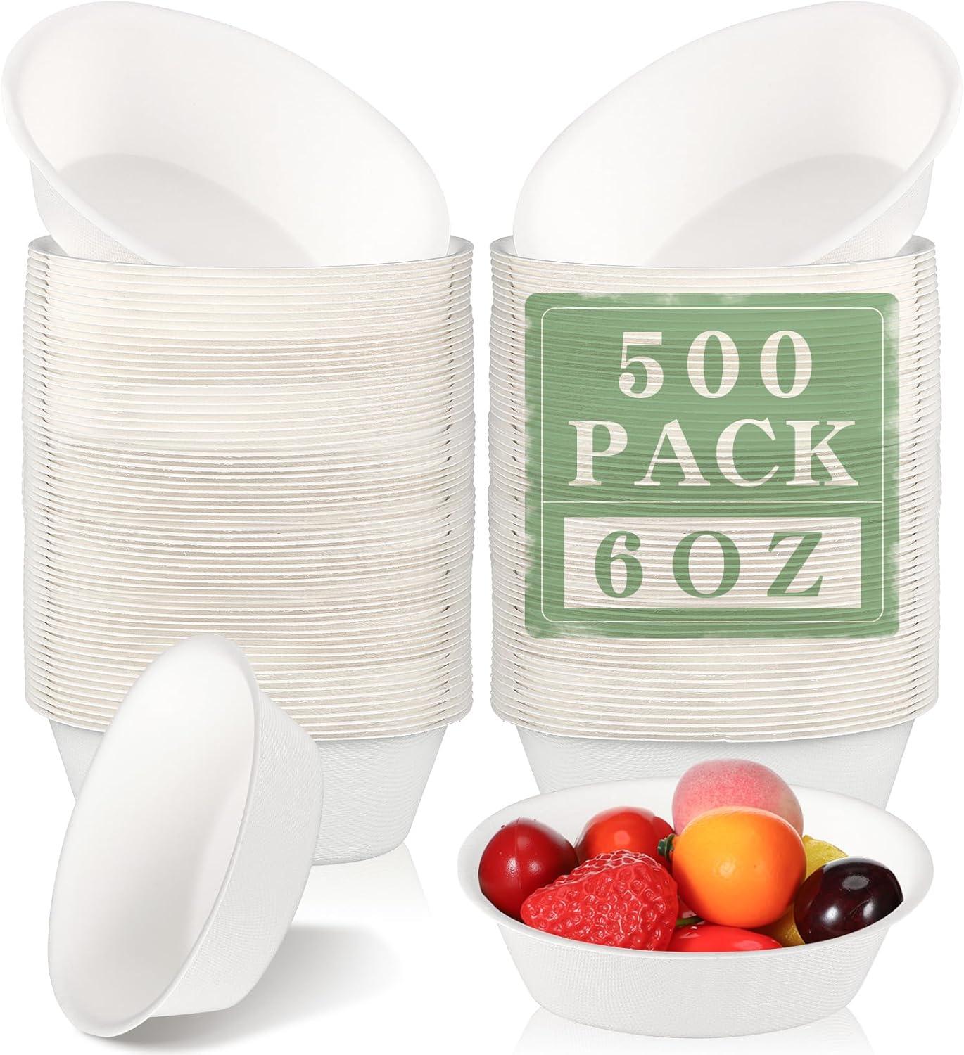 Dandat 6 oz Disposable Paper Bowls Bulk Small Bagasse Dessert Bowls for Ice Cream Soup Salad Pasta Party Supplies Picnic Banquet Barbecues Pet Food(White,500 Pcs)