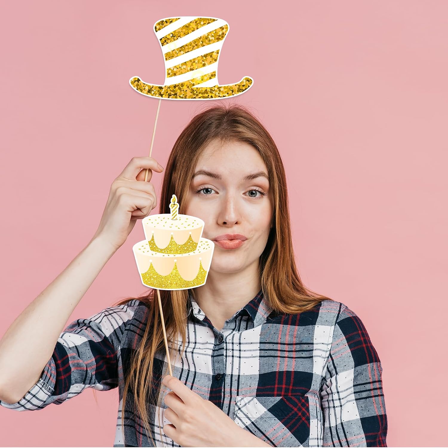 25 Pcs Golden Birthday Photo Booth Props Set -Gold Glitter Stay Golden Birthday Party Decoration，Gold Bday Selfie Photo Props for Boys Girls Women and Men Any Bday Party