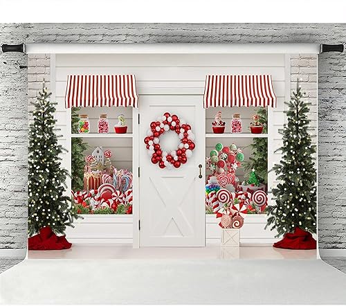 Miniatura 5 de Lofaris Telón de fondo de Navidad de invierno con texto en inglés "Merry Christmas" Sweet Candy Storefront Cottage, guirnalda de Papá Noel, luces