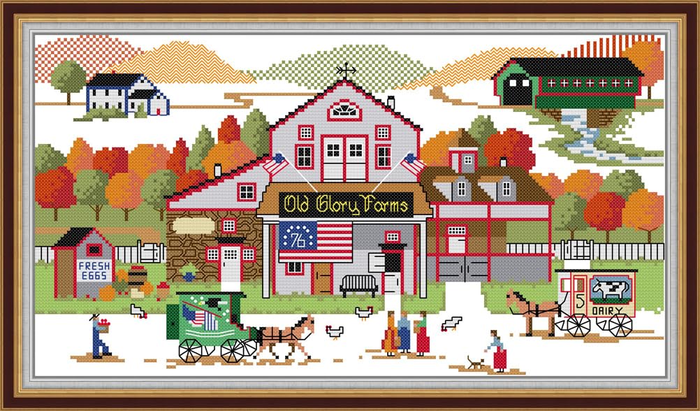 Meecaa Cross Stitch Kits 14 Count Stamped, Farm Carriage Embroidery Kit with Accessories Pre Printed（44×26CM (Farm)