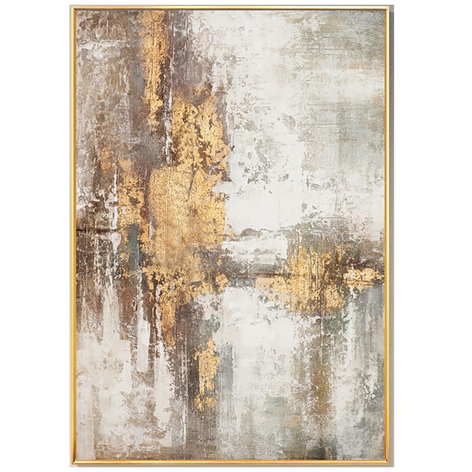 Pintura al óleo abstracta grande de color beige, dorado y gris para sala de estar, pinturas grandes, pintura en lámina de oro gris, arte de pared escandinavo, 90x145cm/35x57in sin marco