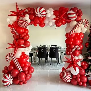 AobkDeco Christmas Balloon Garland Arch Kit 144pcs Xmas Balloons With Red White Balloons Candy Foil Balloons Candy Cane Balloons Starburst Balloons for Christmas Party Decorations