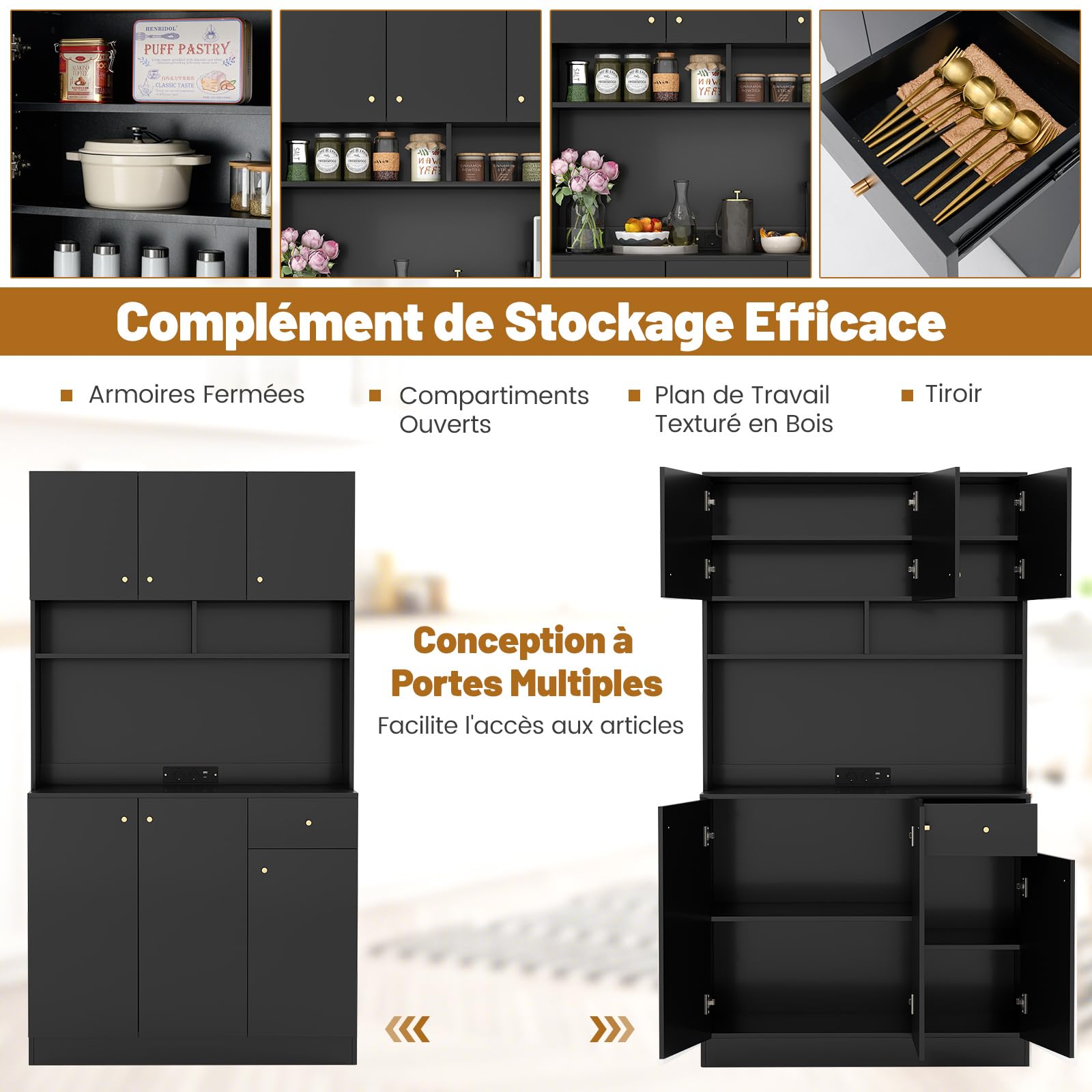 COSTWAY Buffet de Cuisine, Meuble de Cuisine avec Prises, 4 Placards, Grand Tiroir, Station de Recharge, Vaisselier, Armoire pour Salon, Salle à Manger, 100x40x181CM(Noir)