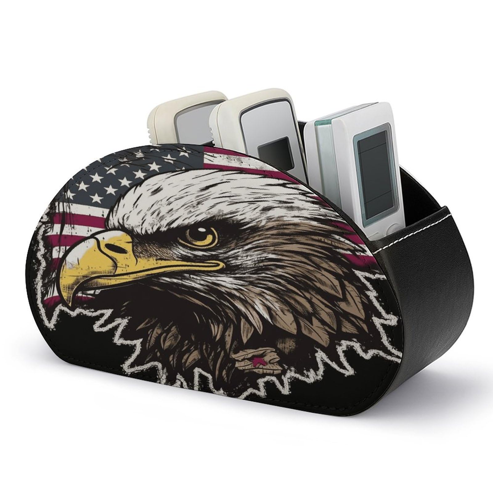 VstaDank US Army Cool American Flag Eagle Remote Control Holder Farmhouse TV Media Remote Storage Box with 5 Compartments PU Leather Remote Caddy Desktop Organizer for Home Bedside Table Organizer