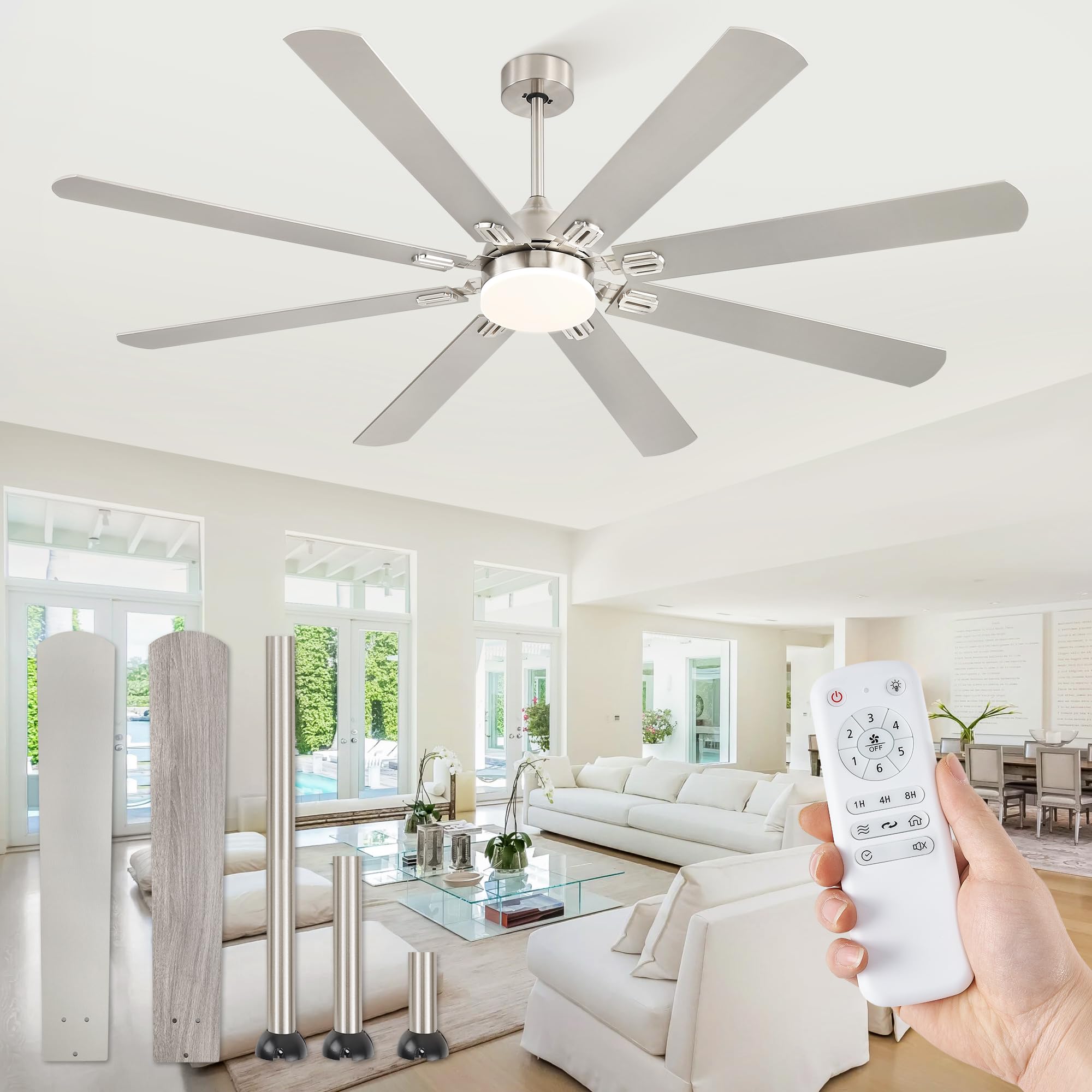 Fanbulous 72 Inch Ceiling Fans with Lights,Nickel Modern Ceiling Fan with Remote,Large Farmhouse Indoor & Outdoor Ceiling Fan with 8 Dual Finish