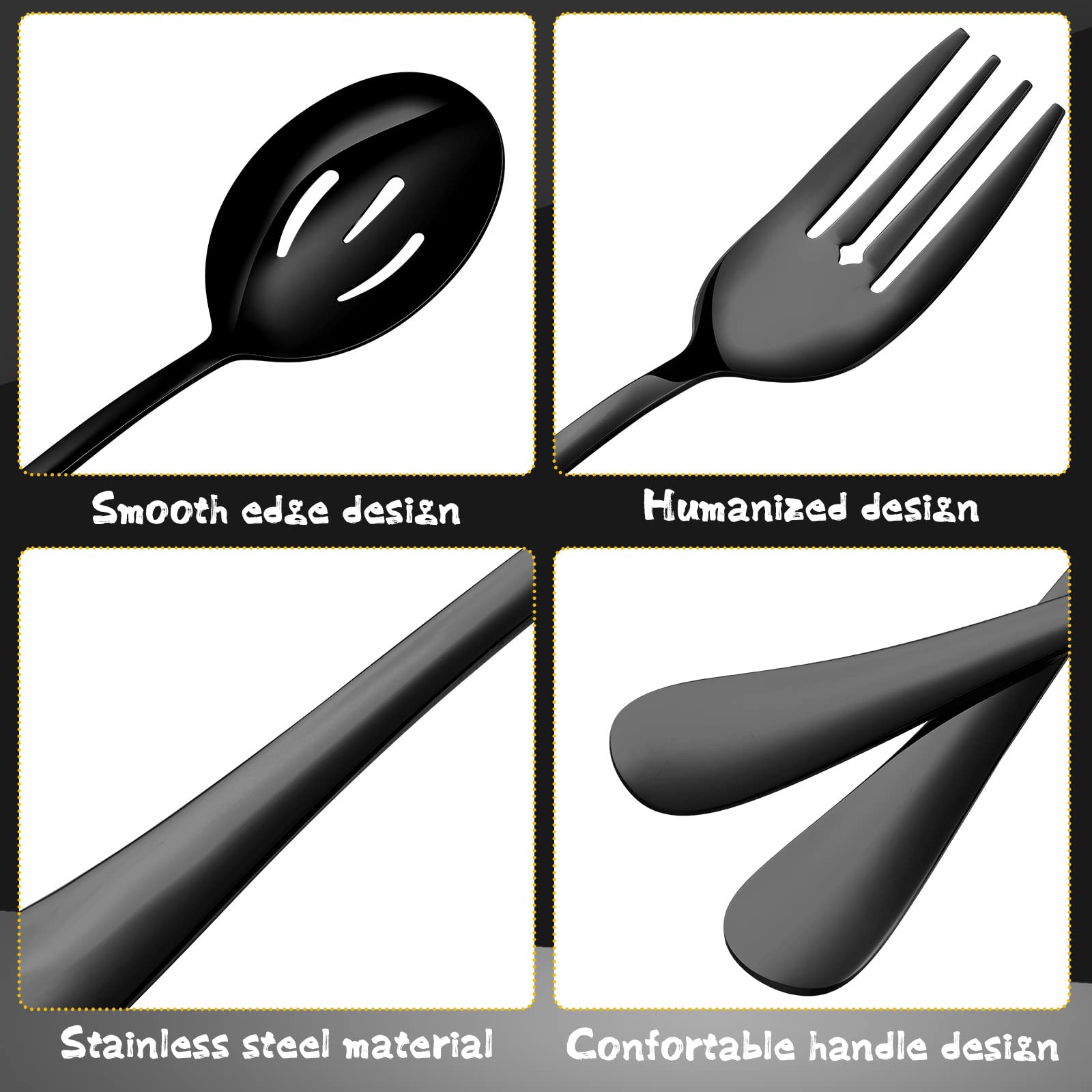 Juego de 30 utensilios de servir de acero inoxidable que incluye cucharas grandes ranuradas, tenedores de servir, cucharón de sopa, servidor de pastel y pinzas de servir para fiesta de buffet (negro)