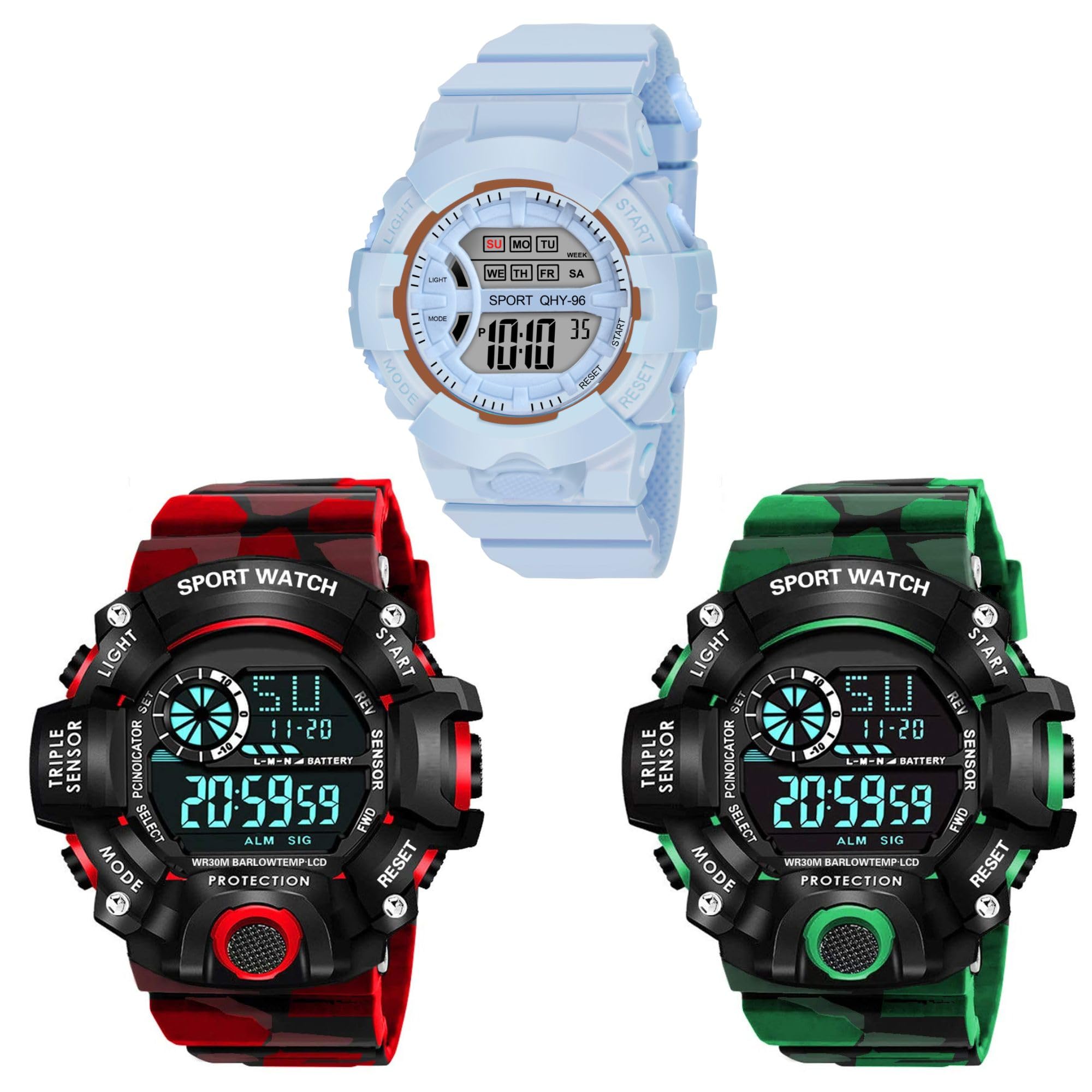 The Shopoholic Red Green Blue Digital Army Strap Sports Day Date Month Combo of 3 Watch for Mens Kids Boys