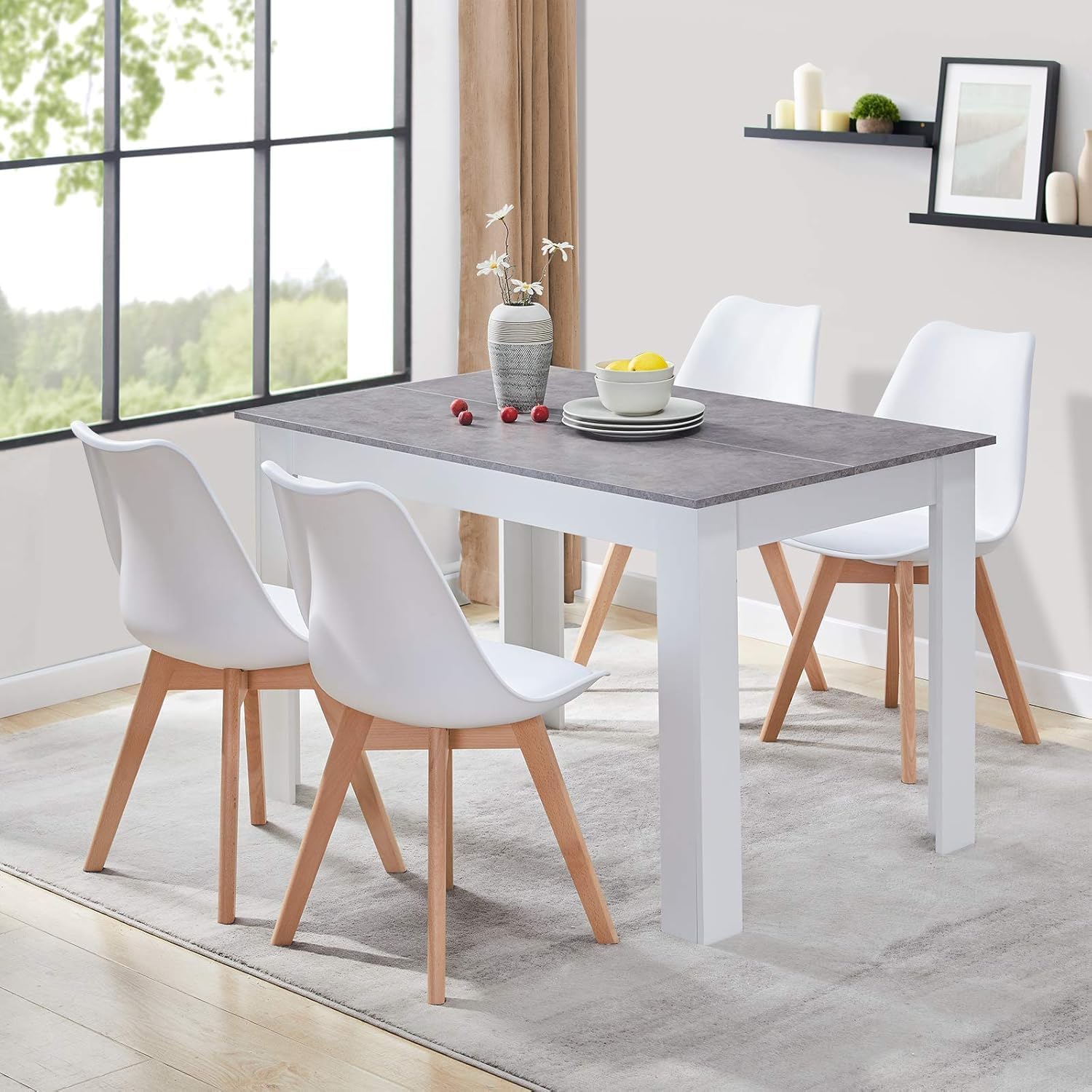 Sillas de Comedor, Sillas de Cocina con Respaldo Ergonómico, Asiento Acolchado Tapizado y Patas de Madera Maciza de Haya (Blanco, 4 Sillas)