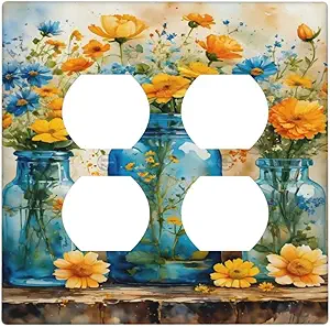 Decorative Outlet Covers Rustic Yellow Flowers Floral Blue Bottles 2 Gang Wall Plate Cover Double Duplex Receptacle Two Switch Light Switch Cover Plate Jumbo Dual Faceplate