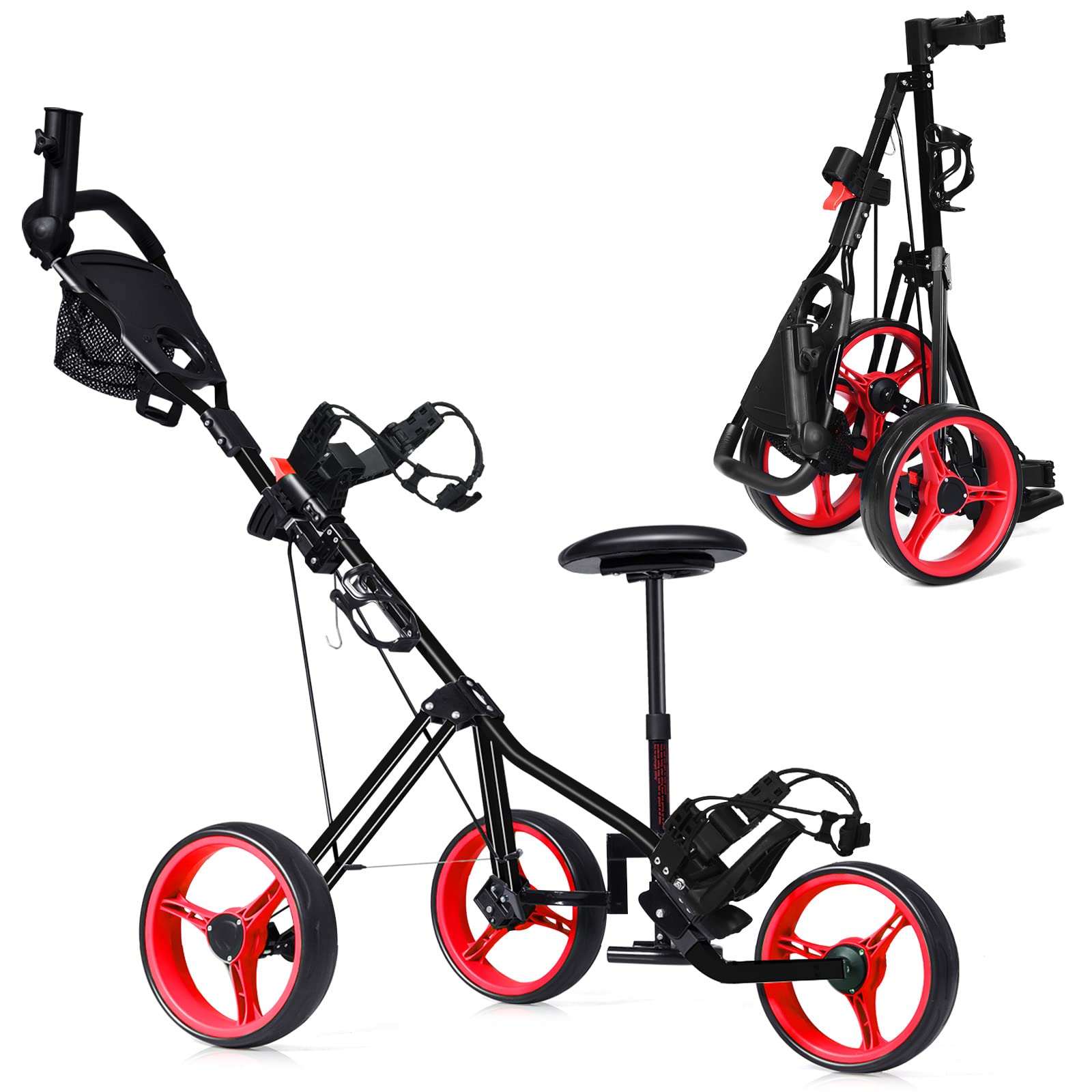 COSTWAY Golftrolley, Golf Trolley, Golftrolley 3 Rad Klappbar, Golfwagen Klappbar, Golf Cart, Golf Trolleys | mit verstellbarem Sitz & Griff & Halter für Schirm und Flasche