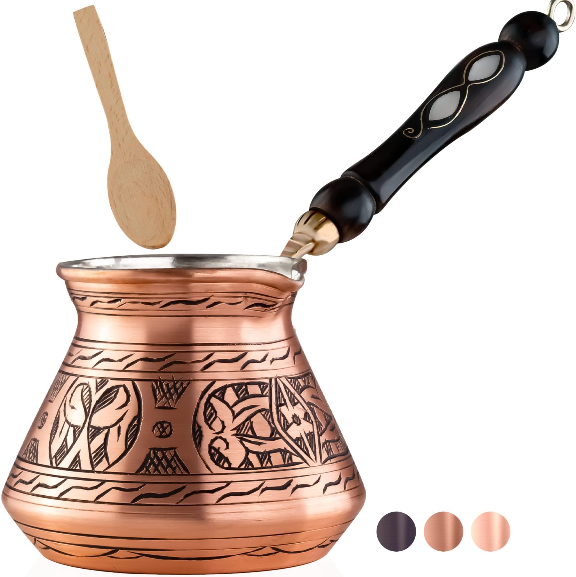 18 Oz X-Large Copper Turkish Greek Arabic Coffee Pot with Wooden Handle (6 servings) Cezve Ibrik Briki Stovetop Coffee Maker (Includes Wooden Spoon)
