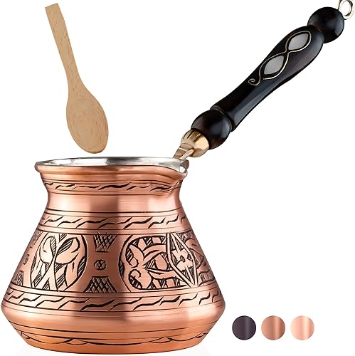 BCS Cafetera turca griega árabe grande de cobre de 18 onzas con mango de madera (6 porciones) Cezve Ibrik Briki Cafetera para estufa (incluye