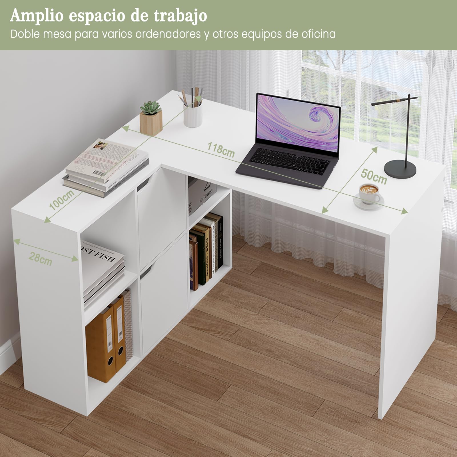 eSituro Escritorio Esquinero en L, 120x100x75 cm, Blanco | 6 Compartimentos, Ahorro de Espacio, para Oficina, Dormitorio y Estudio