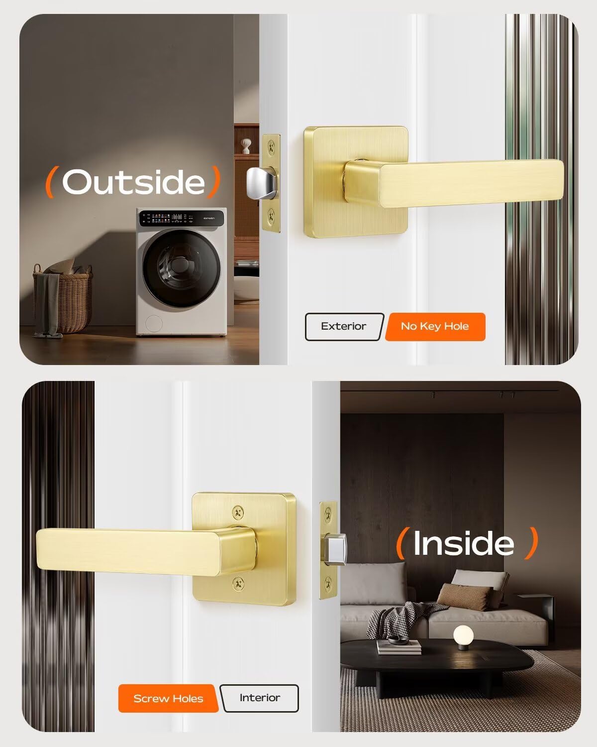 Leydebong 2 Pack Keyless Interior Door Handles Closet Door Handle in Light Satin Brass Finish, Passage Door Lever for Hallway and Closet, Sleek Door Lever