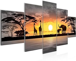 Runa Art - Quadri Africa Tramonto 200 x 100 cm 5 Pezzi XXL Decorazione Murale Design Arancia 000251c