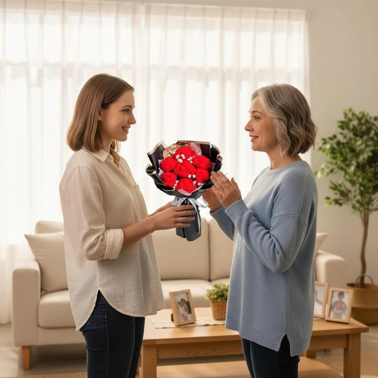 7pcs Crochet Red Roses Bouquet, Knitted Flowers Bouquet, Preserved Flower Red, Knitted Rose Flower, Romantic Gift for Women Her Lover, Birthday (Red-Rose) - Image 6