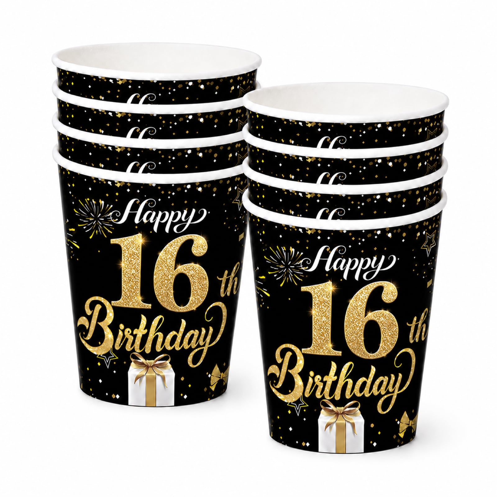 YESAH 16th Black Gold 9 oz Birthday Paper Cups 16 Pack Party Drinkware Set