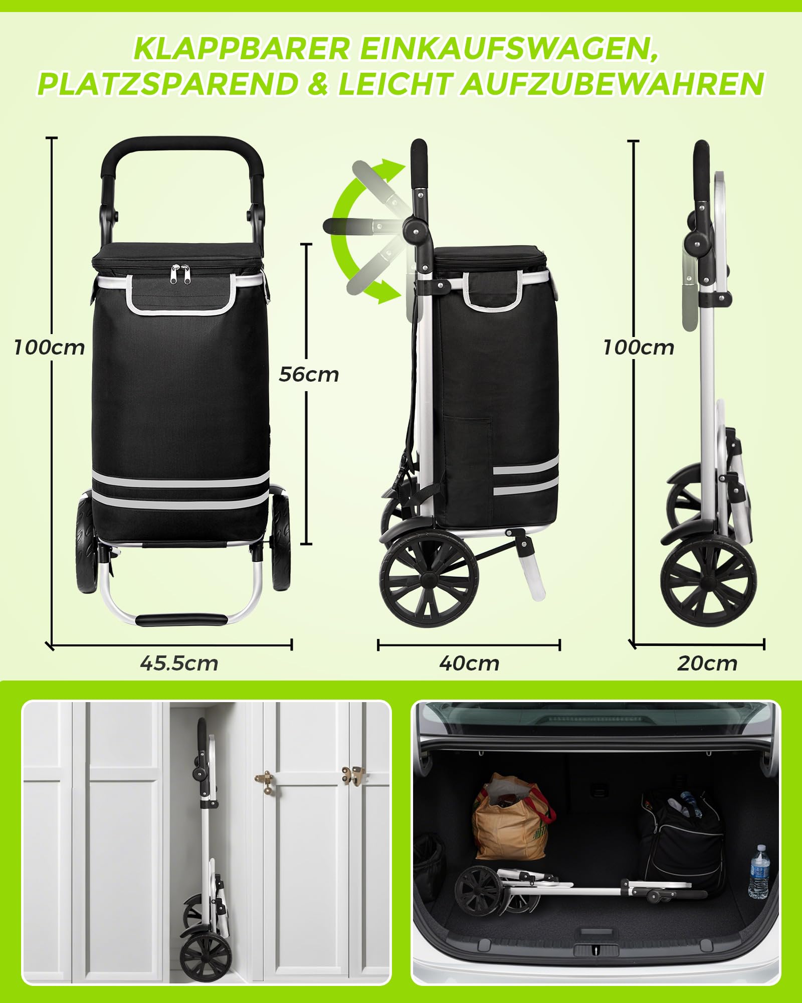 Oak & Tea Einkaufstrolley Klappbar 56L mit Kühlfach – 50kg Traglast Hackenporsche Aluminium, leise Räder, wasserdichter Oxford-Stoff, Isoliertasche Shopping Trolley