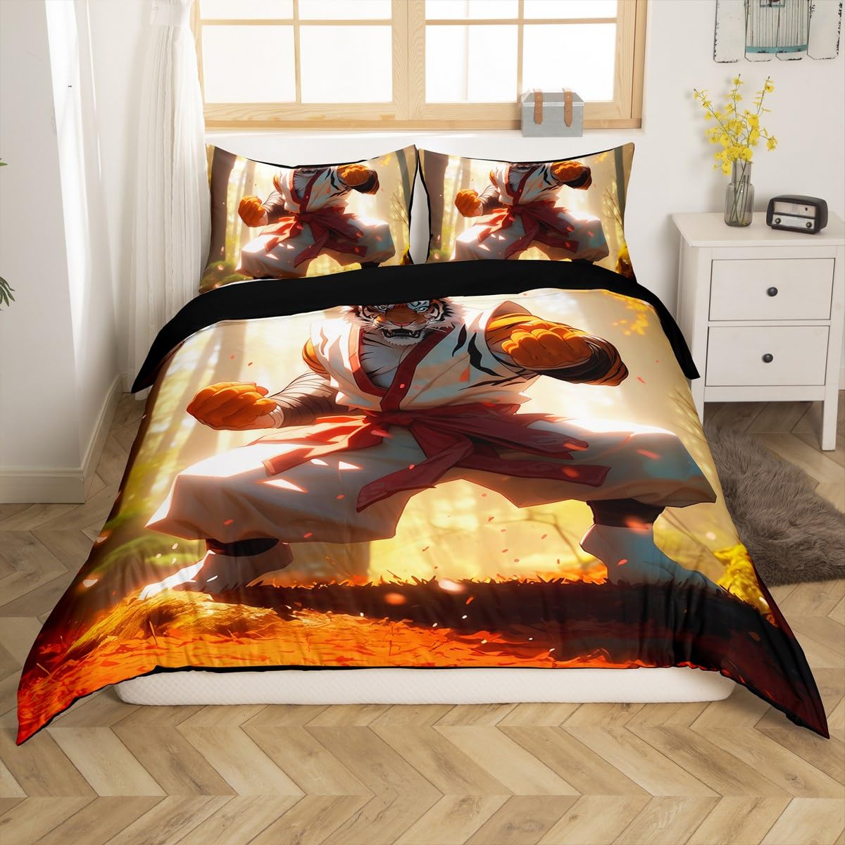 Manfei Cartoon Tiger Decorations Beddding,Kung Fu Theme Duvet Cover for All Season,Wildlife Animals Kids Bedroom Decor Comforter Cover (No Filler) Full Size,3PCS