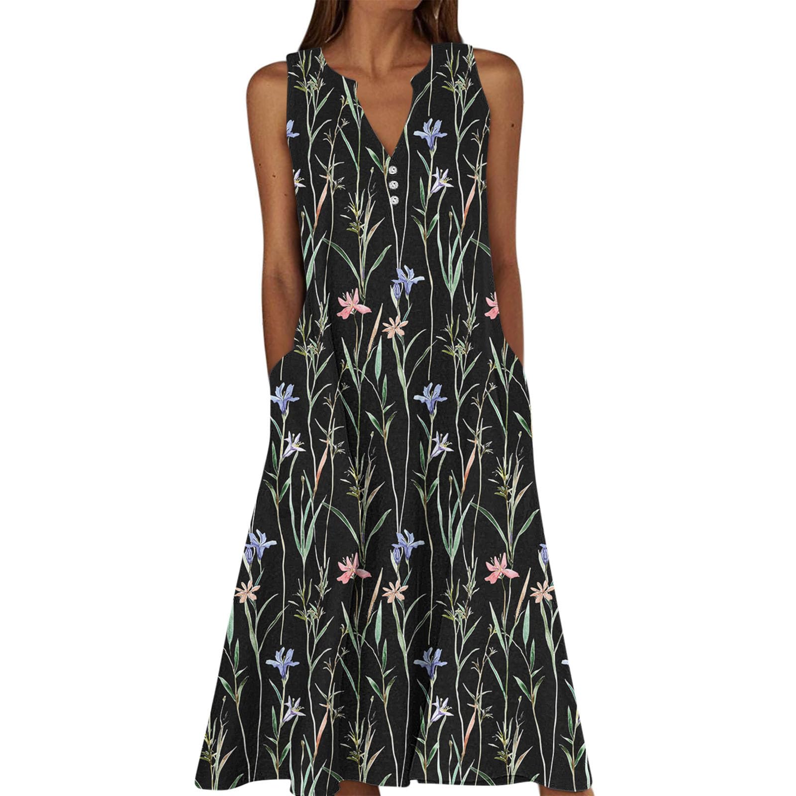 Summer Floral Print Midi Dresses for Women Boho Sleeveless V Neck Tank Dress Beach Vacation Sundress with Pockets — view 13