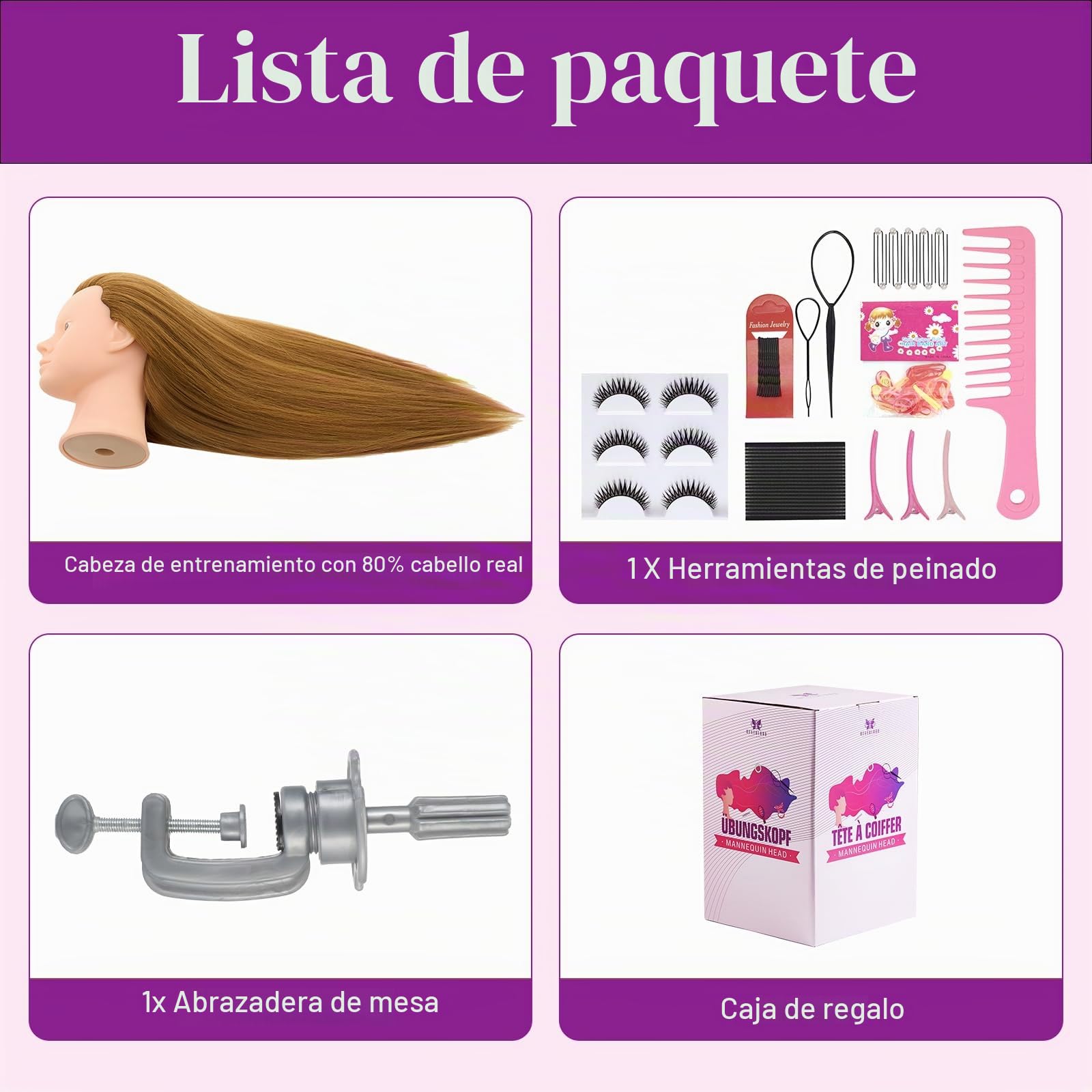 Neverland Cabeza Maniqui de Peluqueria 71cm - Cabeza Muñeca para Peinar y Maquillar Con 60% de Pelo Natural, Accesorios de Peinado, Pestañas y Soporte de Mesa (Rubio)