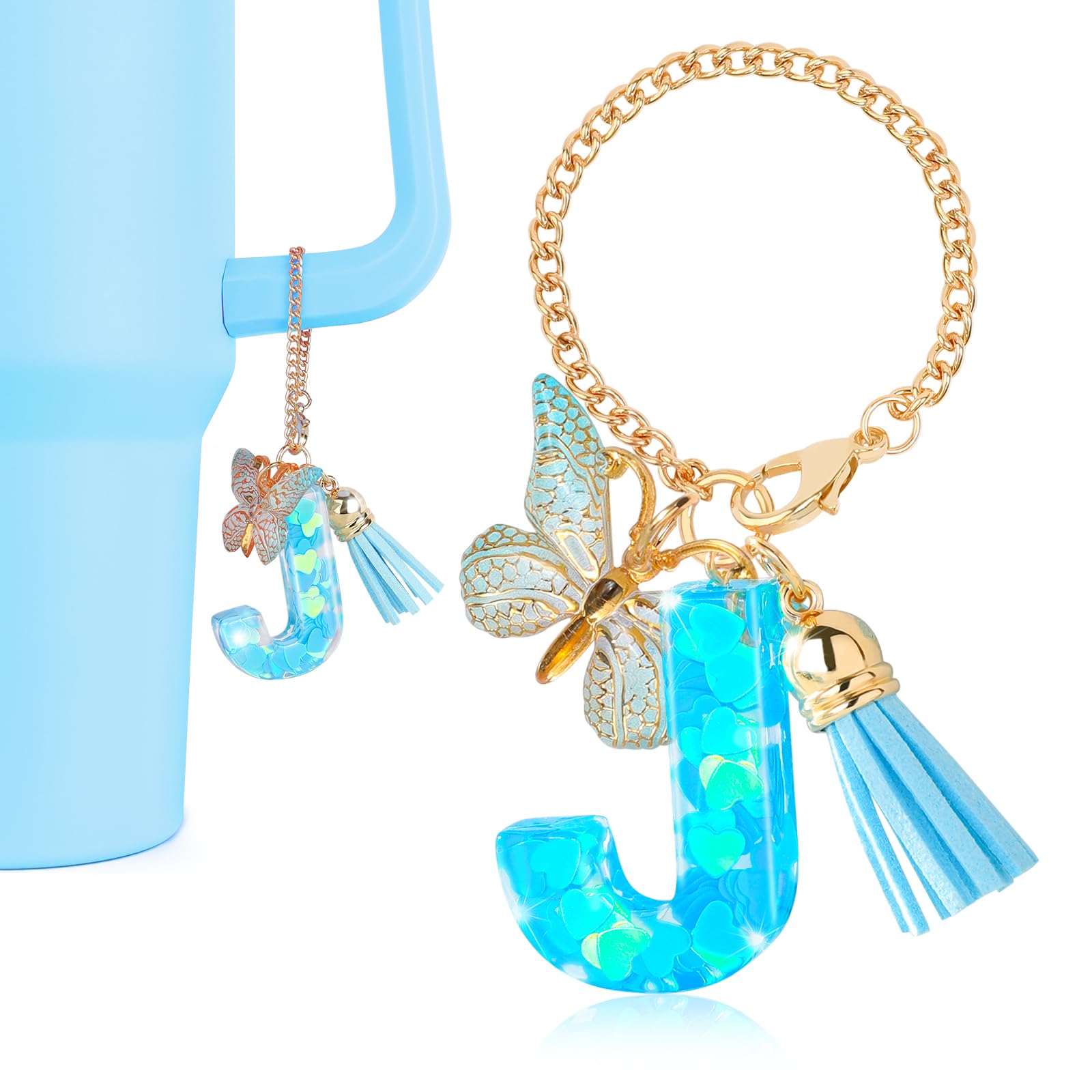 DECZHIYU Initial Charms for Stanley Cup Accessories, Letter J Charms for Stanley Cup with Handle, Blue Charm for Key Purse Handbags Backpacks, Cute