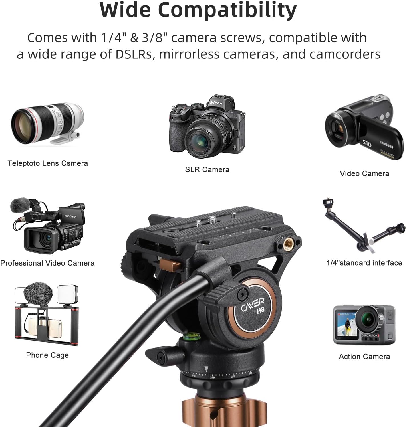 Cayer H8 Video Tripod Fluid Head, Metal Heavy Duty Drag Pan Head with 60 mm Flate Base, Adjustable Pan Handle, Load up to 13.2Ibs for Compact Video Camera DSLR Camera